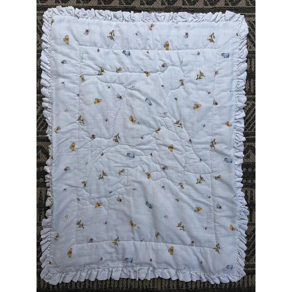 Vintage Winnie the Pooh Party Reversible Quilted Ruffle Trim Bed Crib Comforter